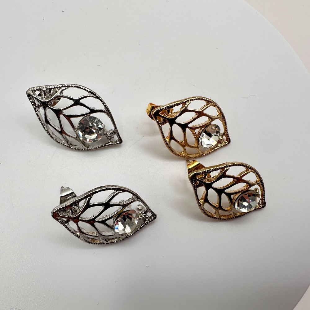 Vintage Y2K Rhinestone Open Cut Leaf Stud Earrings Set Women's Classic Jewelry